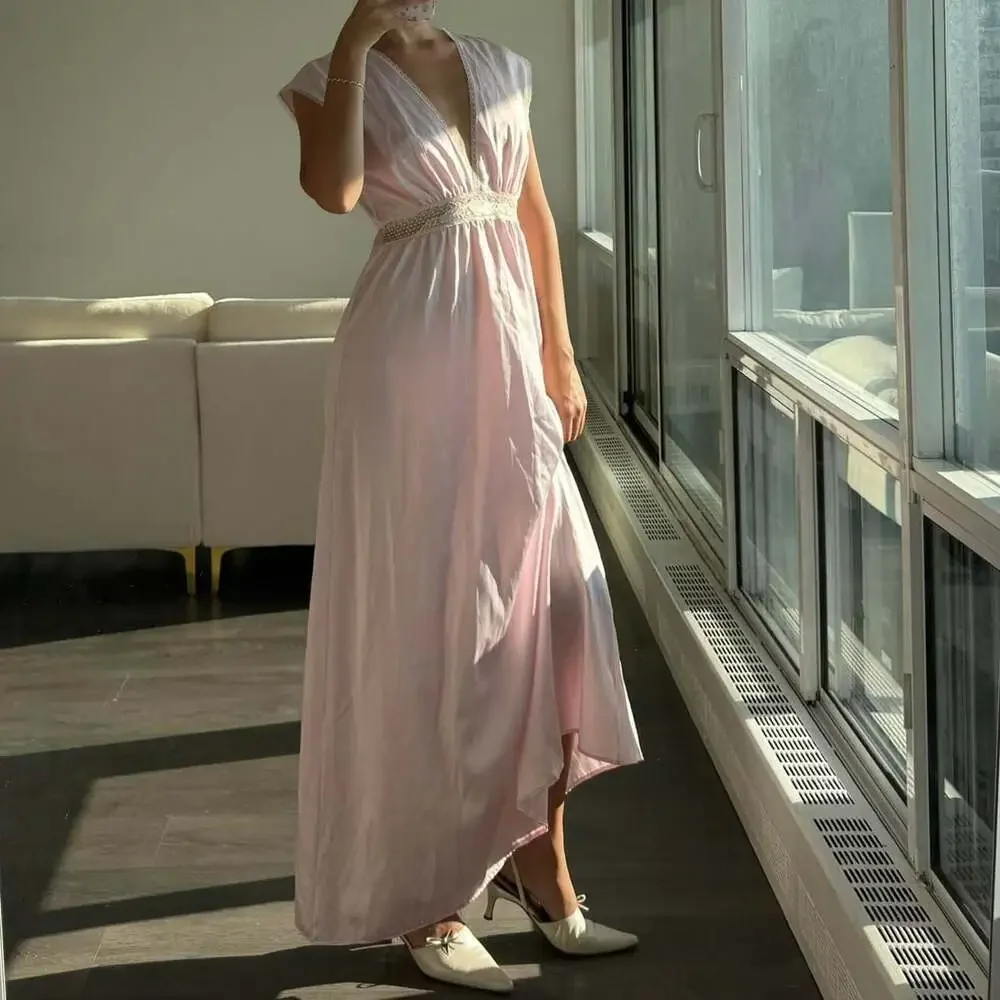 Vintage Baby Pink Lace Trim Maxi Dress - Fairycore Ballet Style - Picture 8 of 8